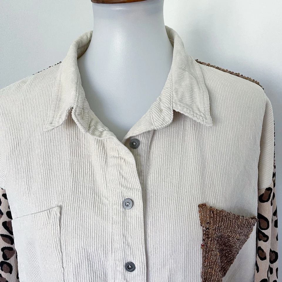 Umgee Lentejuelas Leopardo Estampado Animal Pana Camisa Chaqueta Chaqueta L Grande Boho Foto 2 de 4