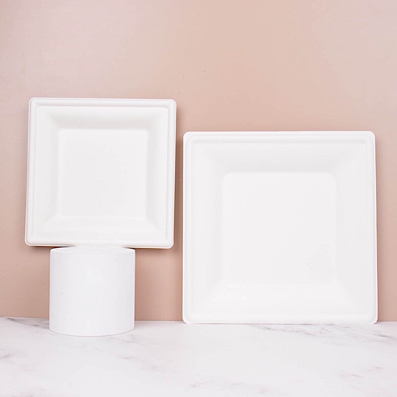 50 White Square Sustainable Bagasse Disposable Salad PLATES Party Decorations
