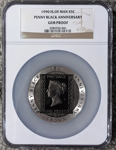 1990 Isle of Man Silver 5 Crown Penny Black GEM Proof NGC - SKU# 3783752-041