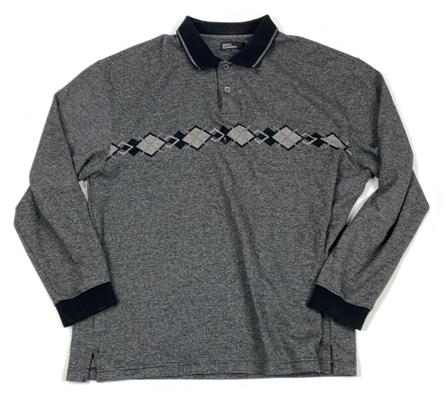 VTG 90s Gray Striped Argyle Long Sleeve Polo Shirt Adult XL