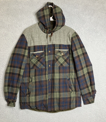 AFS JEEP Mens Lined Hooded Flannel Jacket Medium Green Plaid Snap