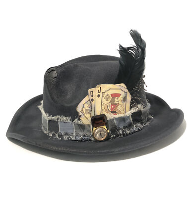 Tazzle s 1of1 Custom Western Fedora Hat-Black Felt, Feather, Watch Face, Gem Etc