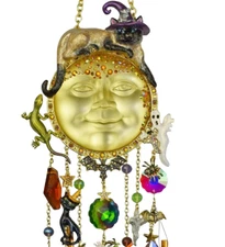 Kirks Folly Salem Cat Over the Goddess Seaview Moon Wind Chime Gold Tone