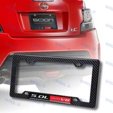 Carbon Look ABS License Plate Tag Frame Cover with 5.0L Coyote V8 Car Emblem X1