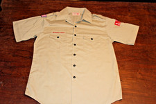 Boy Scouts of America BSA Men's Shirt Tan Large Glued Patches Short Sleeve