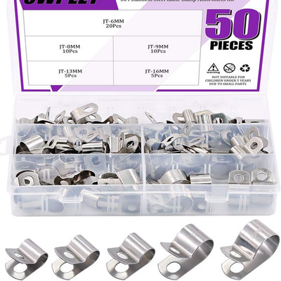 50Pcs 304 Stainless Steel 6Mm-16Mm Cable Clamps Assortment Kit, without Rubber C