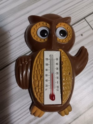 Vintage Arjon Owl Refrigerator Magnet Thermometer 2.5'' x 3.5'' Works Googly Eyes