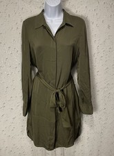 Women’s Quince Washable Silk Button Down Belted Dress Size S Olive Green