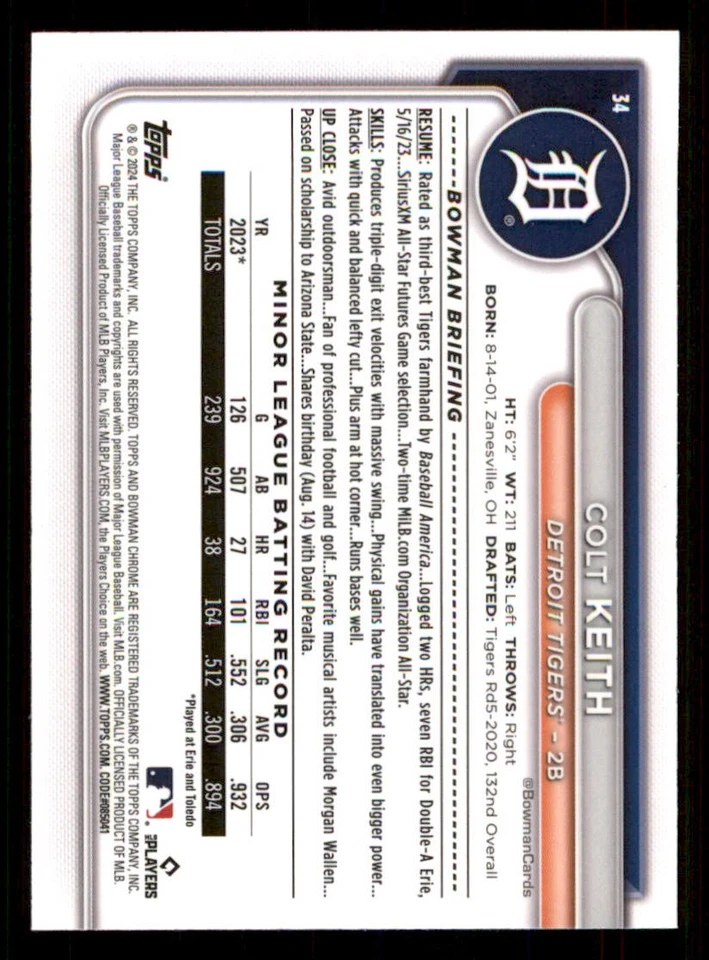 2024 Bowman Chrome #34 Colt Keith RC - Image 2 of 2