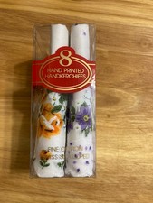 VTG New Box of 8 LADIES HANDKERCHIEFS HAND PRINTED PURE COTTON Scalloped NIB