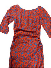 Tracy Reese Silk Dress Red/Blue Ruched Sides 3/4 Sleeve Size 6 Midi Dress