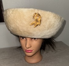 VTG Martelle Schiaparelli Paris, Beige/Brown Fur Hat, With Gold Brooch -Rare