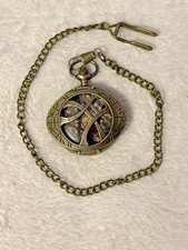 Steampunk Bronze Half Hunter Doctor Strange Quartz Pocket Watch Necklace Chain