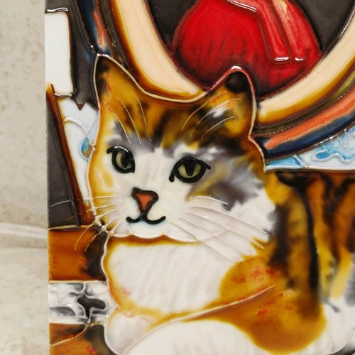 Decorative Cat Tile Ceramic Textured 7 3/4" Music Glazed By Ping Free Standing - Picture 2 of 20