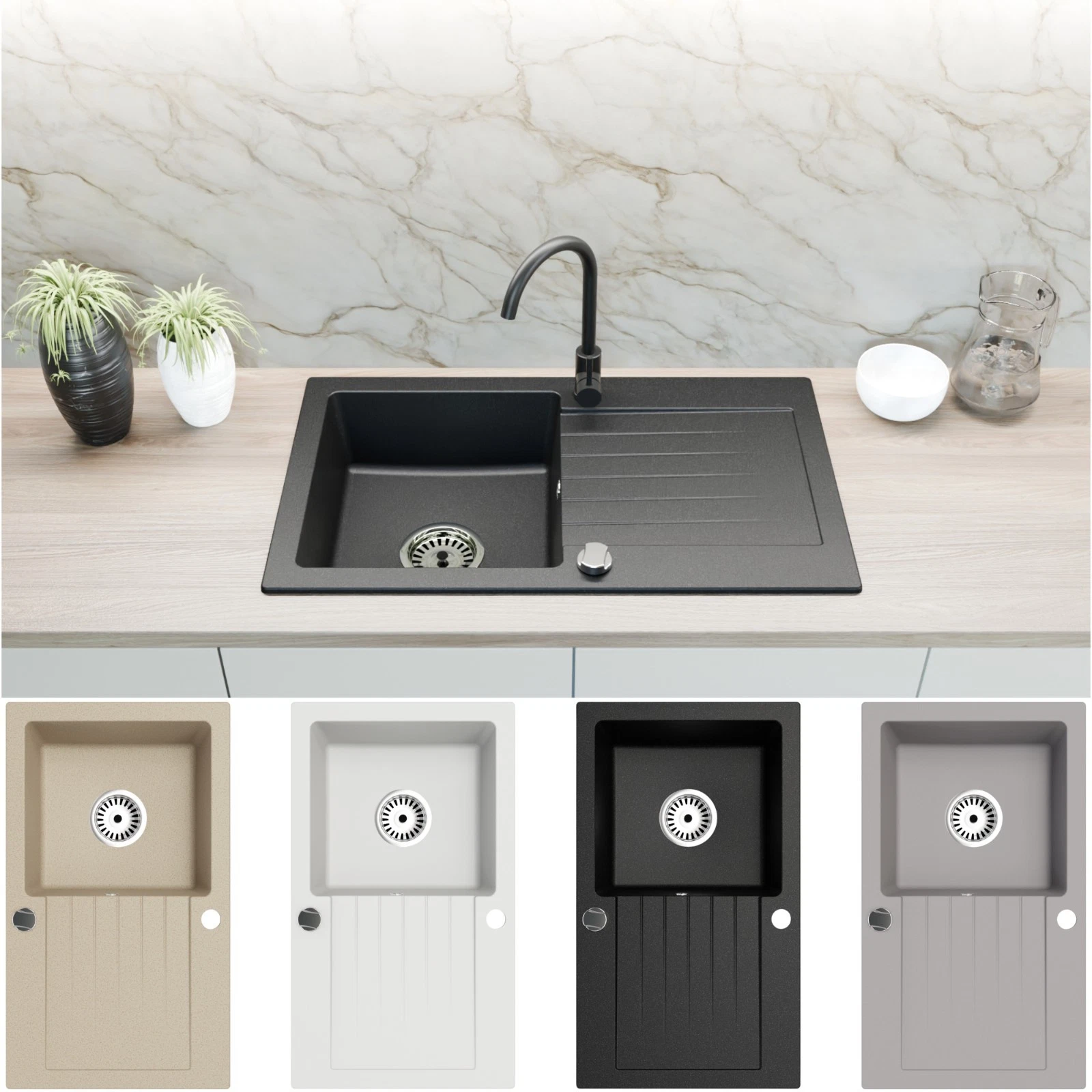Faizee Home Granitspüle Alisha 75 x 43,5 cm mit Armatur und Abtropfgitter