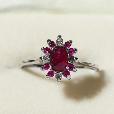 Vintage Pink Ruby Cabochon & Diamond  14K White Gold Flower Cluster Ring M / 6