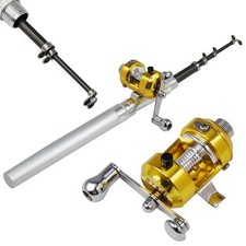 Mini Silver Pocket Fishing Rod Pole & Golden Reel Pen Shape 93cm Travel Small