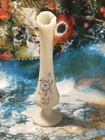 Fenton Matte Custard Glass Bud Vase, Hand Painted Blue Flowers, Artist Signed