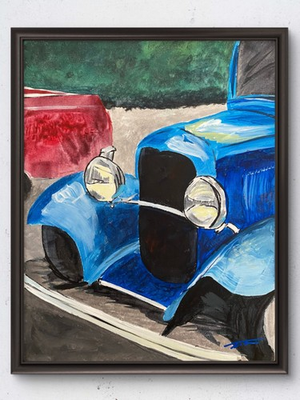 #ad Blue Hot Rod Vintage Car Original Art 14x11 Canvas $175.00