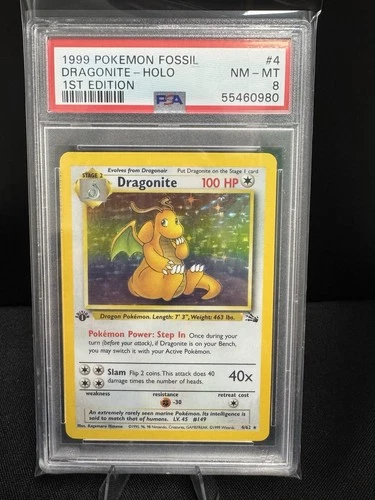 1999 POKEMON FOSSIL 1ST ED #4 DRAGONITE-HOLO PSA 8