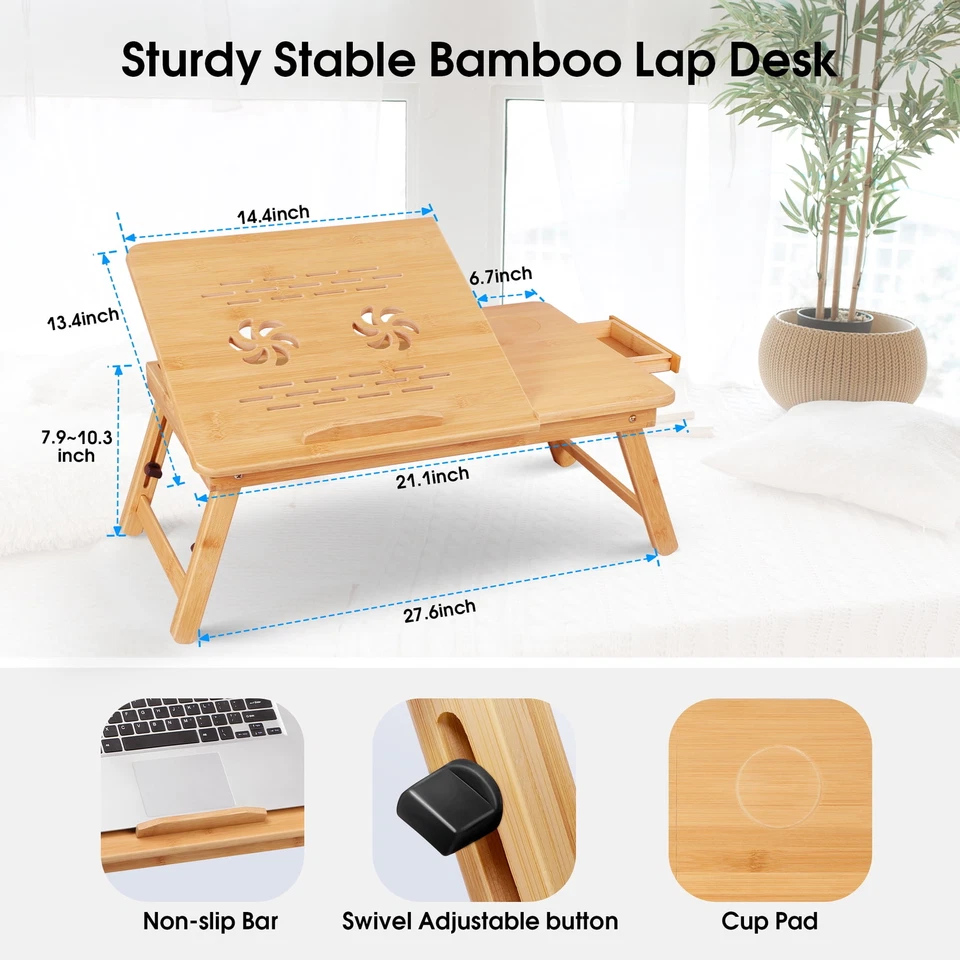 Lap Desk Bamboo Folding Bed Desk Adjustable Portable Tray Stand, 21"x13" - Image 3 of 4