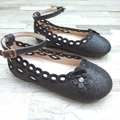 Baby Infant Toddler Girls Flat Glitter Black Shoes Size 3,4,5,6,7,10