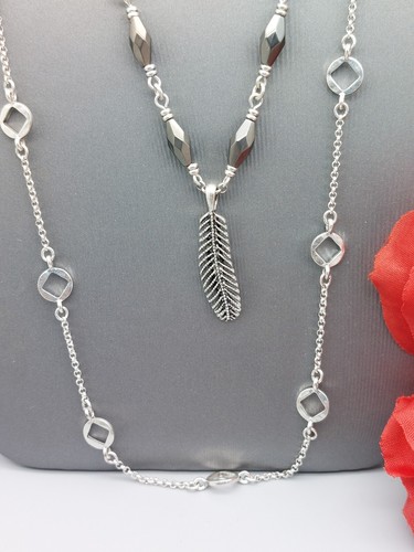 NWT Signed Lucky Brand 4 Strand Necklace Feather & Bar Pendant Silver Tone - Picture 6 of 6