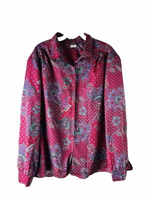 Vintage 80s Rockabilly Disco Shirt Top Womens XL Rainbow Paisley Puff Sleeve