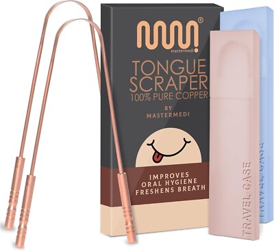 MasterMedi 100% Reines Kupfer Zungenschaber mit Reiseetui - 2er Pack, Natur &