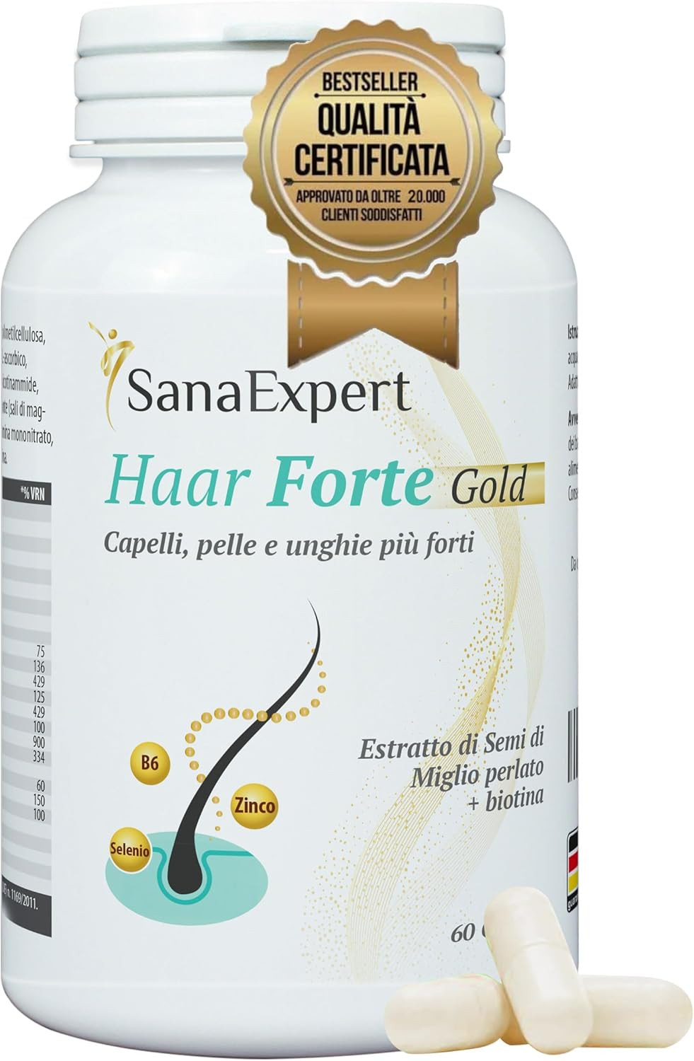 SanaExpert Haar Forte Gold: Biotina e Zinco per Crescita Capelli 60 CPS