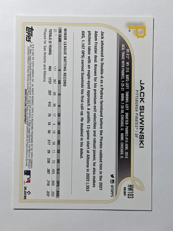 Jack Suwinski 2022 Topps Holiday RC #HW103 Pittsburgh Pirates - Image 2 of 2
