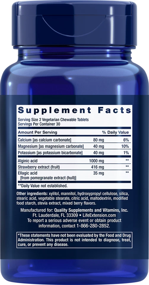 Life Extension Esophageal Guardian 60 pestañas masticables ácido algínico 1000 mg/elágico Foto 2 de 2