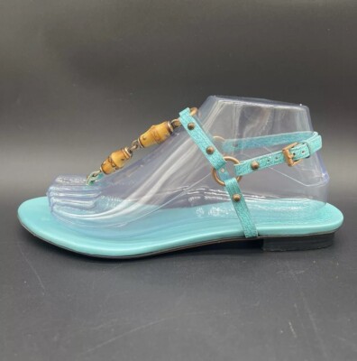 Vintage GUCCI Turquoise T-Strap Thong Blue Leather Bamboo Flat Sandals  Size