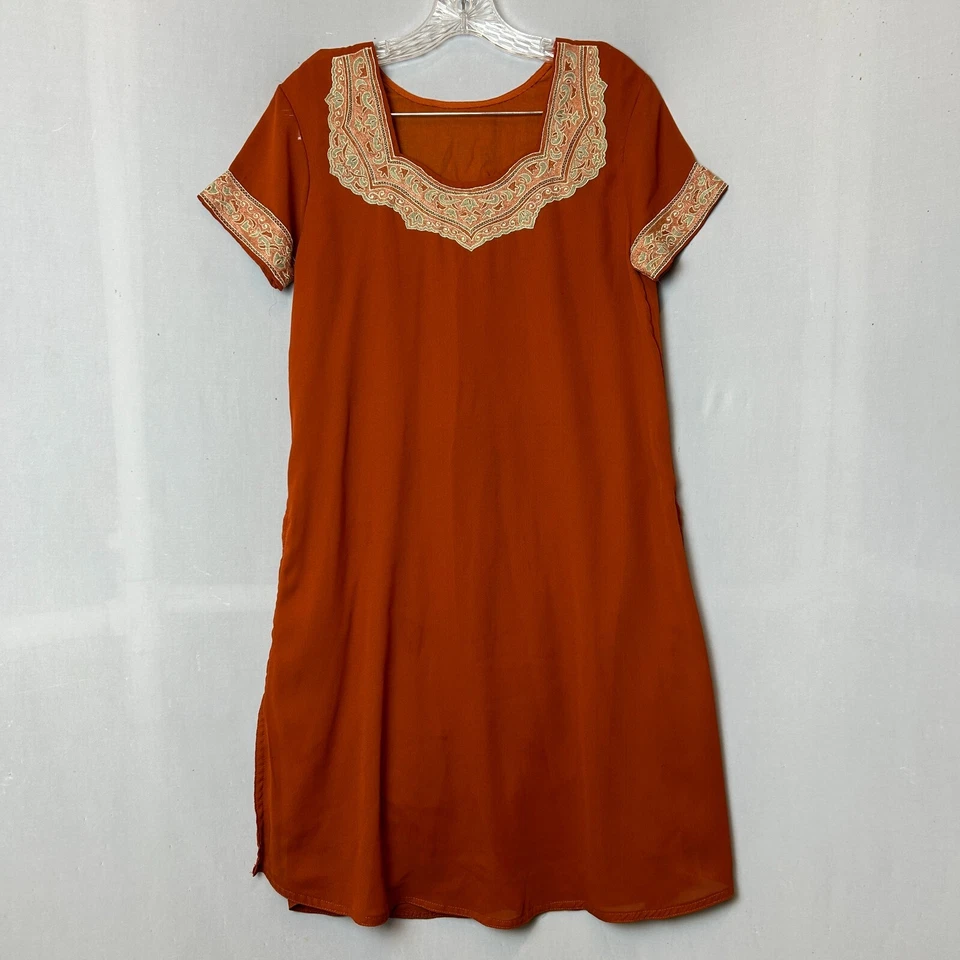 Indian Kurta Womens Small Orange Top Pants Beautiful Floral Embroidery - Image 2 of 4