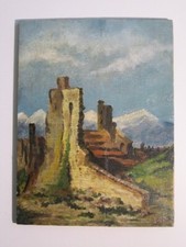 ANTICO QUADRO DIPINTO OLIO SU TAVOLA LEGNO FIGURA ROVINE CASTELLO EPOCA XX SEC.