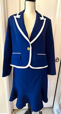 Le Suit Petite 10P Blue/White Trim 2pc Skirt Suit Set Jacket  Skirt