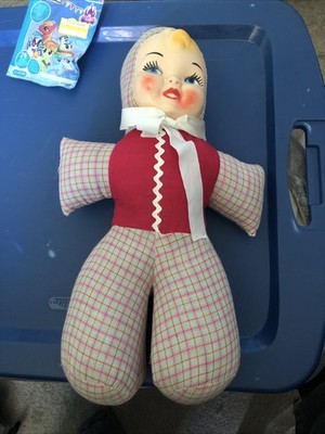 Carnival Prize Doll Hard Plastic Face Red And Plaid Outfit Very Nice Vtg 60s 15 