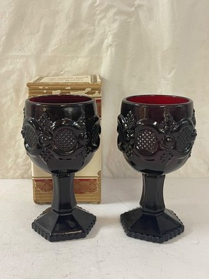 2 Avon 1876 Cape Cod Style Glass Ruby Red 4.5  Tall Wine Goblets with One Box