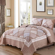 VIVILINEN Queen Size Quilt Set 3-Piece Light Pink Floral Patchwork Reversible Qu
