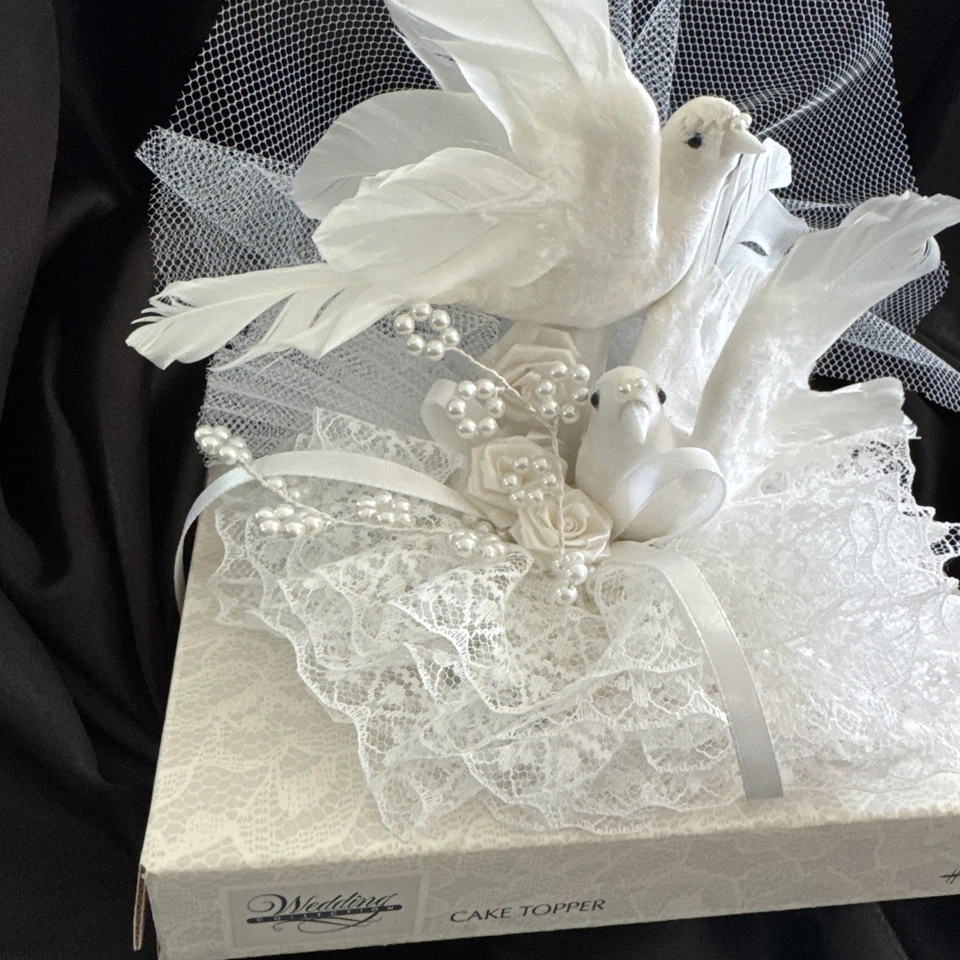 NIB Hallmark PAIR White Feather Love Doves On Pearl Lace Wedding Cake Topper - Image 4 of 4