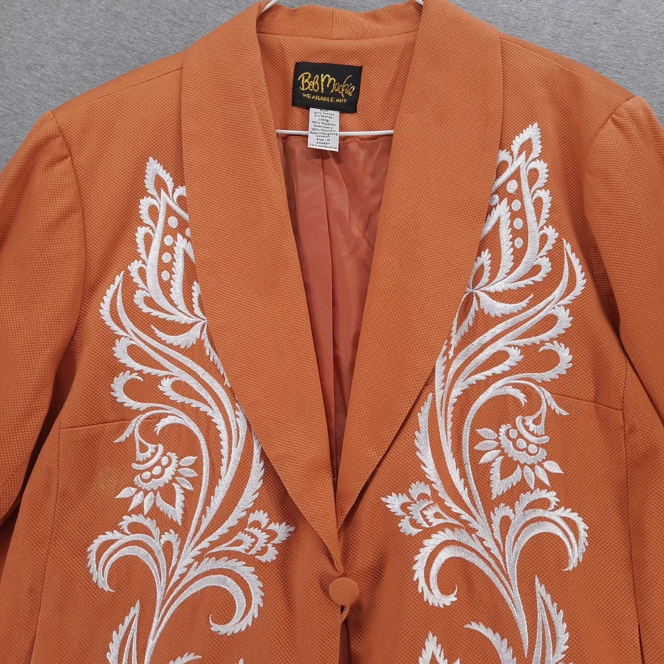 Chaqueta Bob Mackie Mujer 1X Naranja Blanco Bordado Floral Boho Blazer Art Deco Foto 3 de 4