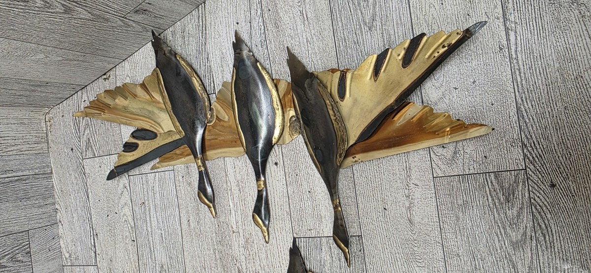 60s-70s 香港ヴィンテージ 銅製ウォールアート 3点セット 孔雀・戦車 Vtg Mid Century MCM Set of Flying Geese Duck Bird Wall Art Decor