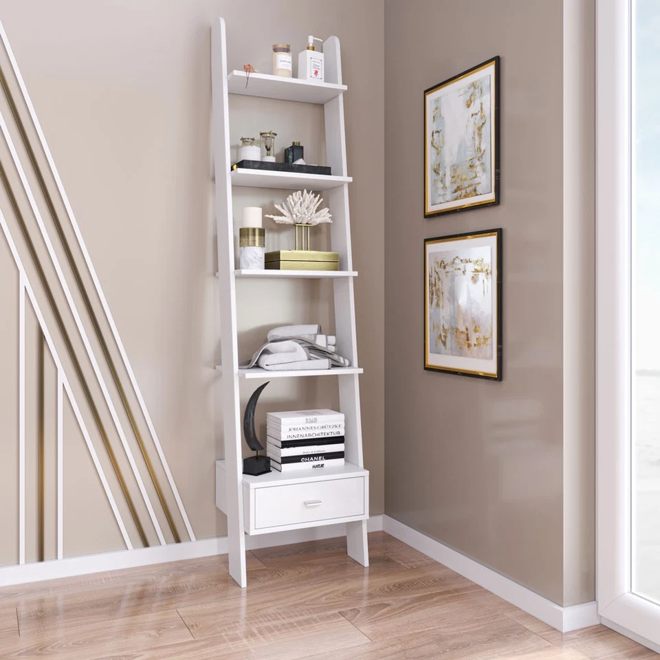 Leiterregal Frank Standregal 45x37,5x188 cm Blanc 5 Niveaux, Avec Tiroir - Photo 2/4