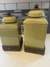 GG Gracious Goods Collection Acanthus Leaf Green Canisters With Base 13” & 15”