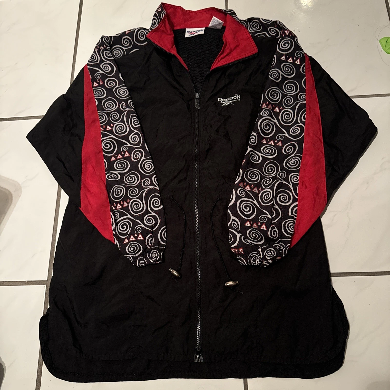 Vintage Reebok Jacket Adult L Swirl Black Red Zip Up Track Windbreaker 90s 24x30