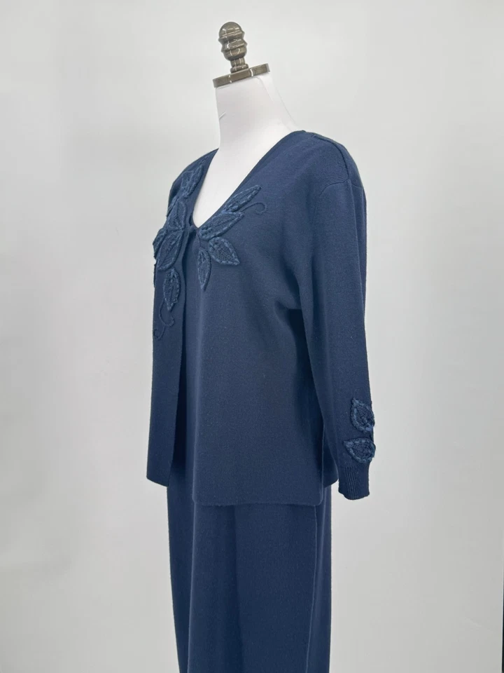 Maxi Vestido Adrianna Papell Azul Mezcla Lana con Detalle de Crochet Conjunto Suéter Talla L Foto 4 de 4