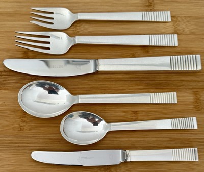 GEORG JENSEN 82 PIECE PARALLEL STERLING  12 PC DINNER SET & SERVERS FLATWARE SET