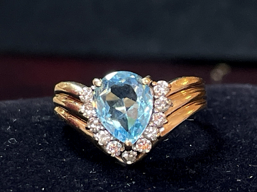 14K GOLD BLUE TOPAZ & DIAMOND RING NATURAL GEMSTONE SIGNED - Picture 5 of 16
