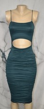 WINDSOR Dark Green Micro Ribbed BodyCon Dress Small Spaghetti Strap Waist Cutout