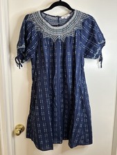 Madewell Medium Embroidered Puff Sleeve Babydoll Cotton Dress Indigo Plaid